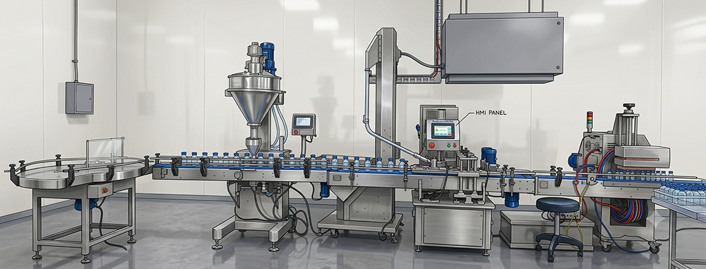 Automated bottling line in a clean industrial facility, with blue-capped bottles moving along a conveyor under stainless equipment.